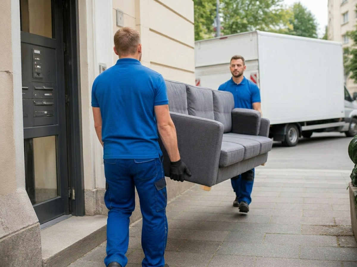 Umzugsteam trägt Sofa in Umzugswagen